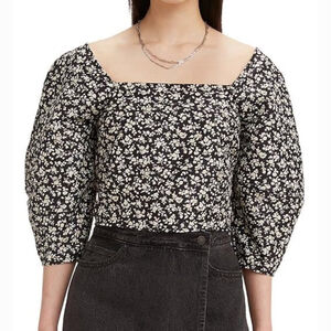 Levi's Long Sleeve Yvie Blouse Women’s Large Floral Black Square Neck Slim Fit